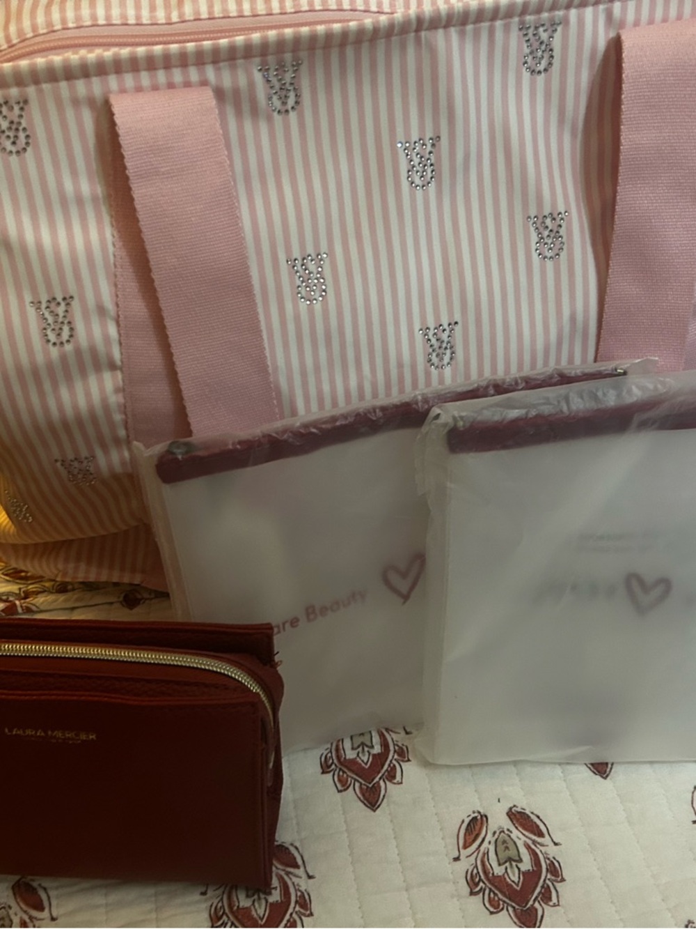 Pink Striped Tote Bag with Crystal Accents - Women Bags